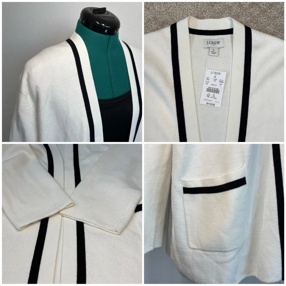 J. Crew Women's White and Black Open Front Cardigan Sweater - Picture 5 of 8